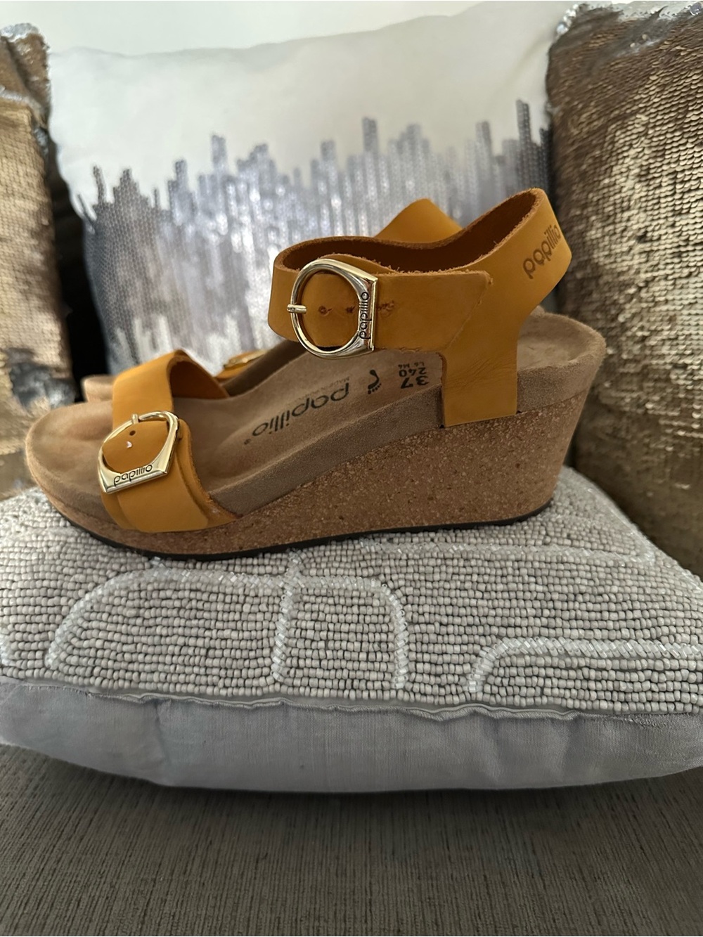 Birkenstock Papillio Mustard Yellow Cork Wedge Sandals